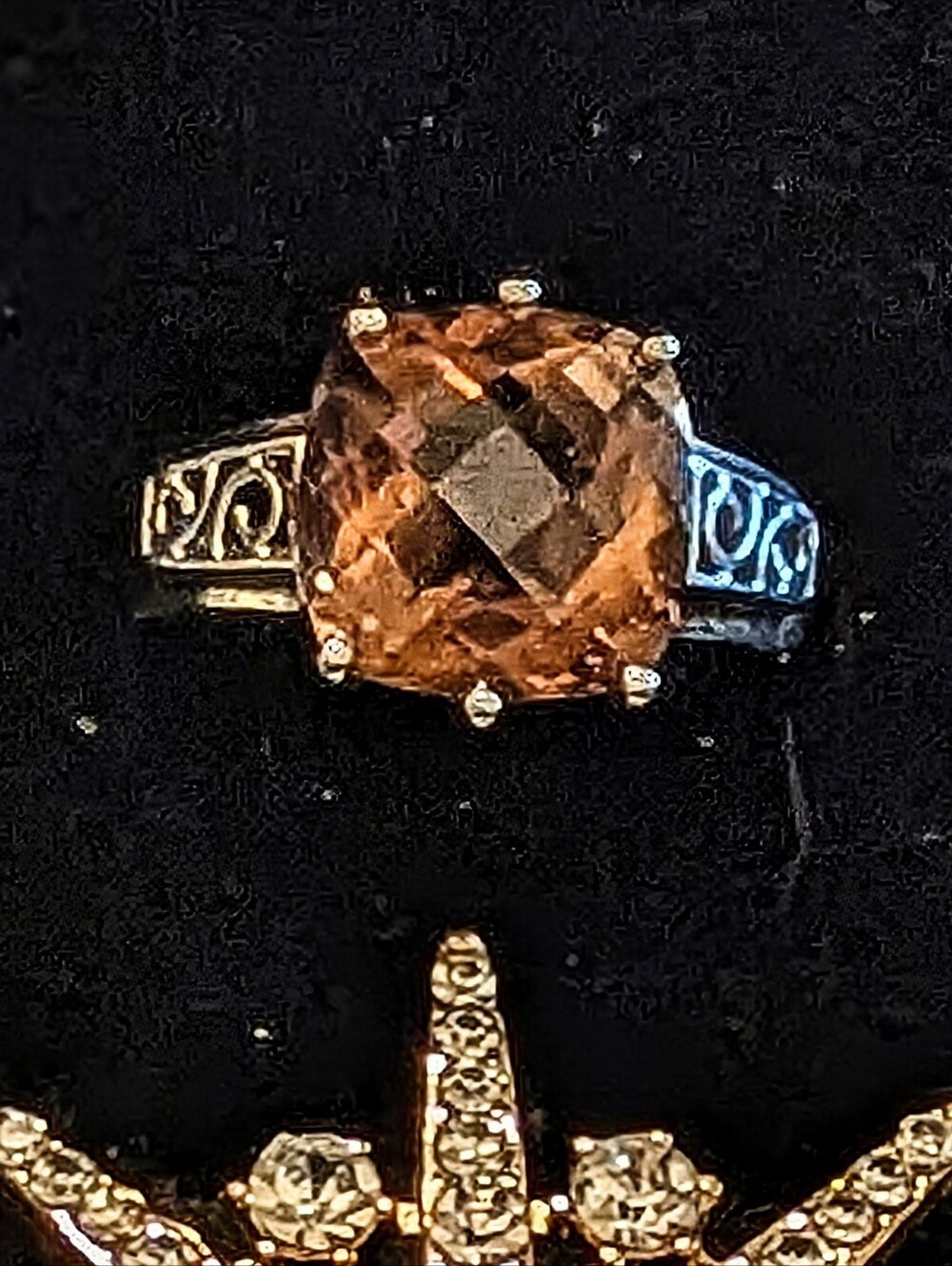 VINTAGE Ring with Multi Faceted Cognac Brown Cushion Cut Smokey Quartz